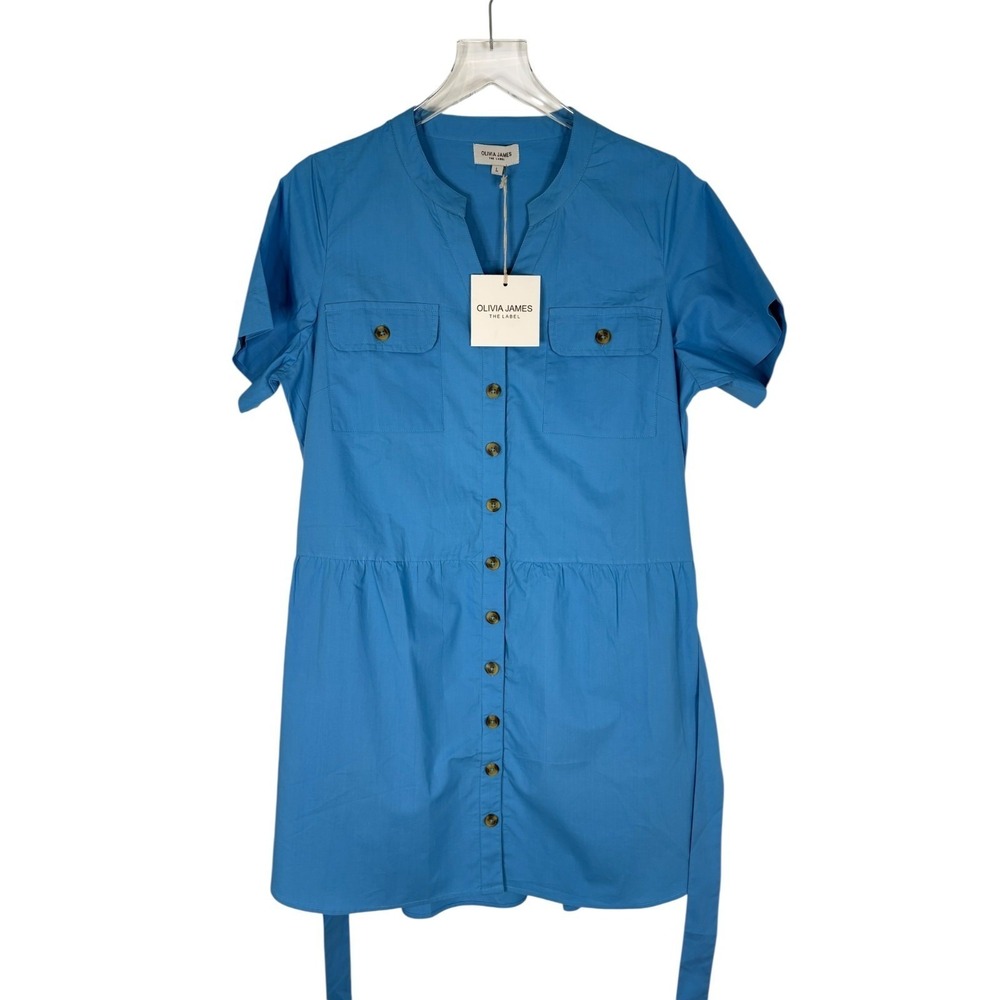 NWT Olivia James Womens Blue Belt Flap Pocket Utility Chic Mini Dress Size Large - Picture 6 of 16